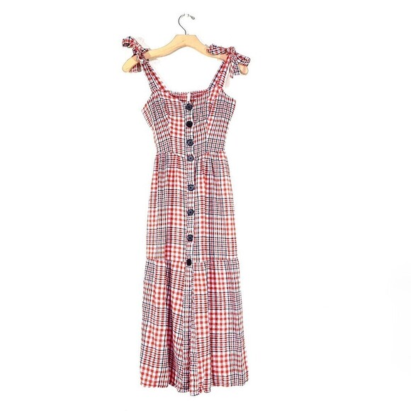 NEW Urban Outfitters UO Positano Linen Tie-Shoulder Midi Dress Red Gingham Small - Picture 1 of 10